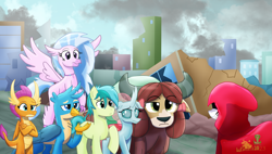 Size: 2751x1564 | Tagged: safe, artist:lordshrekzilla20, gallus, ocellus, sandbar, silverstream, smolder, yona, oc, oc:second sister, changedling, changeling, dragon, earth pony, griffon, hippogriff, pony, yak, fanfic:a king to a god, g4, cloak, clothes, crossed arms, destruction, eyebrows, hood, property damage, raised eyebrow, size difference, smoke, student six