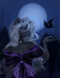 Size: 1920x2496 | Tagged: safe, artist:alicesmitt31, oc, oc only, bat, pegasus, anthro, anthro oc, breasts, clothes, dress, female, full moon, horns, looking at you, moon, night, pegasus oc, solo, spread wings, wings
