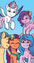 Size: 732x1334 | Tagged: safe, artist:abigail starling, idw, hitch trailblazer, izzy moonbow, pipp petals, sunny starscout, zipp storm, earth pony, pegasus, pony, unicorn, g5, spoiler:comic, spoiler:g5comic, spoiler:g5comic15, bag, colored wings, eyes closed, gradient background, grin, group, mane five, mane stripe sunny, multicolored wings, quintet, saddle bag, smiling, spread wings, unshorn fetlocks, wings