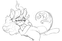 Size: 1200x800 | Tagged: safe, artist:rocket-lawnchair, oc, oc:pine pyre, kirin, black and white, cute, eyes closed, glasses, grayscale, hoof on belly, kirin oc, lying down, monochrome, ocbetes, on back, round glasses, simple background, sketch, sleeping, smiling, solo, white background