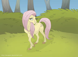 Size: 1024x755 | Tagged: safe, artist:almairis, fluttershy, pegasus, pony, g4, 2011, bush, colored hooves, female, grass, hoers, mare, raised hoof, shy, solo, standing, tree, wingless, wrong eye color