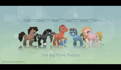 Size: 1280x747 | Tagged: safe, artist:almairis, earth pony, pony, 2011, big bang theory, blue background, bokeh, bucktooth, coat markings, crossover, facial markings, female, glasses, gradient background, group, howard wolowitz, leonard hofstadter, letterboxing, lidded eyes, light blue background, male, mare, penny hofstadter, ponified, quintet, raised hoof, rajesh koothrappali, reflection, sheldon cooper, simple background, socks (coat markings), stallion, standing, star (coat marking), the big bang theory