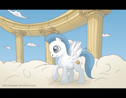 Size: 1024x797 | Tagged: safe, artist:almairis, pegasus, pony, 2011, blue eyes, closed mouth, cloud, hercules, letterboxing, male, on a cloud, pegasus (hercules), ponified, raised hoof, sky, smiling, solo, spread wings, stallion, standing, standing on a cloud, wings