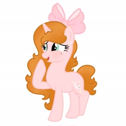 Size: 2048x2048 | Tagged: safe, oc, oc only, oc:misty breezy, pony, unicorn, g4, blushing, bow, brunette hair, curly hair, curly mane, female, female oc, green eyes, hair bow, high res, horn, lesbian, pink fur, pink hair bow, simple background, solo, standing, unicorn oc, white background