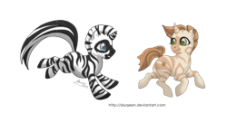 Size: 1024x558 | Tagged: safe, artist:almairis, oc, oc only, oc:miel, oc:zeta, zebra, zebracorn, 2011, blue eyes, colored hooves, duo, eyes closed, female, green eyes, grin, horn, looking at each other, looking at someone, male, mare, ponified, ponified oc, running, signature, simple background, smiling, stallion, striped, striped horn, transparent background