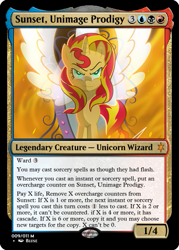Size: 375x523 | Tagged: safe, artist:bluse, edit, idw, sunset shimmer, pony, unicorn, g4, spoiler:comic, spoiler:comicannual2013, ccg, female, fiery shimmer, fire, idw showified, magic mirror, magic the gathering, scene interpretation, show accurate, solo, trading card, trading card edit, trading card game, wings