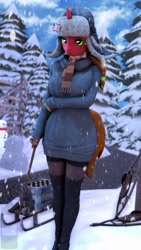 Size: 2160x3840 | Tagged: safe, artist:alcohors, oc, oc only, oc:essy ferguson, anthro, 3d, alcohol, annoyed, beer, clothes, forest, high res, nature, scarf, snow, snowfall, solo, striped scarf, tree