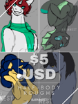 Size: 1728x2304 | Tagged: safe, artist:barnnest, oc, oc:flash reboot, oc:yvette (evan555alpha), changeling, pony, unicorn, advertisement, black mane, blue eyes, blue mane, changeling oc, clothes, collage, commission, commission info, eyelashes, glasses, gray coat, green changeling, price tag, red mane, scarf, simple background, smiling, upside down, white coat, yellow coat