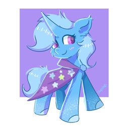 Size: 820x820 | Tagged: safe, artist:skylinepony_, trixie, pony, unicorn, g4, blushing, cape, cheek fluff, clothes, cute, diatrixes, ear fluff, female, horn, mare, signature, smiling, solo, tail, trixie's cape