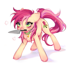 Size: 4045x3809 | Tagged: safe, artist:kiki, roseluck, earth pony, pony, g4, angry, blushing, chest fluff, collar, colored hooves, commission, commissioner:doom9454, cute, emanata, fangs, female, grimcute, knife, mare, meme, mouth hold, pet tag, ponified animal photo, pony pet, rosabetes, rosepet, simple background, solo, standing, white background