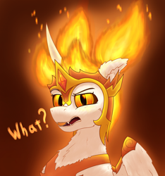 Size: 2058x2200 | Tagged: safe, artist:gosha305, daybreaker, alicorn, pony, g4, alternate hairstyle, bust, cheek fluff, chest fluff, crown, curved horn, dialogue, ear fluff, eyebrows, fangs, female, fire, gem, gradient background, helmet, high res, horn, jewelry, looking at you, mane of fire, mare, pigtails, portrait, raised eyebrow, regalia, slit pupils, solo, teeth, wings