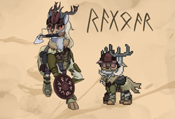 Size: 1657x1130 | Tagged: safe, artist:dvfrost, oc, oc only, oc:ragnar, deer, ashes town, fallout equestria, antlers, armor, ashes town skin, axe, barbarian, futhark, grenades, headcanon, helmet, homemade grenades, mouth hold, pixel art, shield, skin, skull mask, viking, weapon