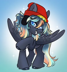 Size: 2375x2548 | Tagged: safe, artist:opalacorn, oc, oc only, oc:sky blast, pegasus, pony, beanie, colored pupils, commission, female, gradient background, grin, hat, high res, looking at you, mare, smiling, smiling at you, solo
