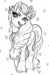 Size: 2421x3710 | Tagged: safe, artist:opalacorn, oc, oc only, oc:shortround, earth pony, pony, braid, commission, female, heart, high res, mare, monochrome, open mouth, open smile, simple background, smiling, solo, unshorn fetlocks, white background