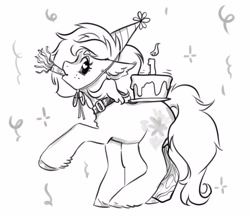 Size: 3857x3346 | Tagged: safe, artist:opalacorn, oc, oc only, oc:daylily crescent, earth pony, pony, birthday cake, cake, female, food, freckles, grayscale, hat, high res, mare, monochrome, mouth hold, party hat, party horn, simple background, solo, unshorn fetlocks, white background