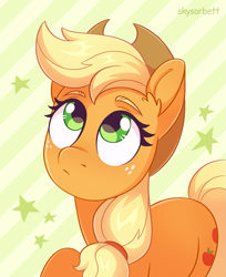 Size: 1255x1536 | Tagged: safe, artist:skysorbett, applejack, earth pony, pony, g4, abstract background, eyebrows, female, hat, looking up, mare, solo, stars