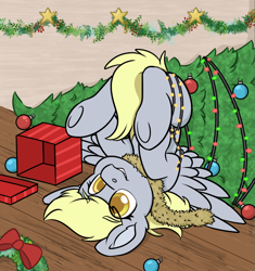 Size: 820x872 | Tagged: safe, artist:rokosmith26, derpy hooves, pegasus, pony, g4, christmas, christmas lights, christmas tree, christmas wreath, colored pupils, commission, cute, decoration, derp, floor, holiday, lights, present, raised hoof, smiling, solo, spread wings, stars, tail, tinsel, tree, upside down, wall, wings, wooden floor, wreath, ych example