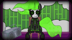 Size: 1280x720 | Tagged: safe, alternate version, artist:vilord, oc, oc:min-3, pony, robot, robot pony, unicorn, animated, boombox, chair, creepy, creepy smile, dancing, gif, grin, looking at you, loop, music notes, smiling