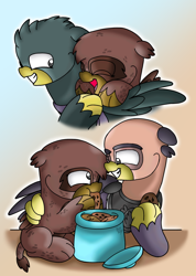 Size: 2322x3264 | Tagged: safe, artist:beesmeliss, grampa gruff, king guto, oc, oc:glyn, griffon, g4, chibi, chickub, cookie, food, high res