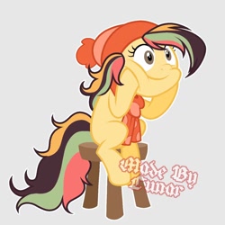 Size: 1024x1024 | Tagged: safe, oc, oc only, earth pony, pony, base used, beanie, clothes, gray background, hat, hooves on cheeks, scarf, simple background, smiling, solo, stool