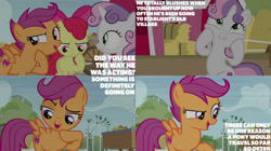 Size: 2000x1123 | Tagged: safe, edit, edited screencap, editor:quoterific, screencap, apple bloom, scootaloo, sweetie belle, pegasus, g4, hard to say anything, apple, barrel, cart, cutie mark crusaders, food, hay bale