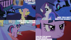 Size: 2000x1123 | Tagged: safe, edit, edited screencap, editor:quoterific, screencap, fluttershy, nightmare moon, rarity, spike, twilight sparkle, pony, unicorn, friendship is magic, g4, offscreen character, ponyville town hall, unicorn twilight