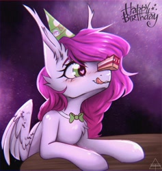 Size: 2044x2160 | Tagged: safe, artist:glotasha, oc, oc only, oc:ellie berryheart, pegasus, pony, g4, abstract background, birthday, black eyeshadow, blushing, bowtie, cake, cap, ear fluff, eyeshadow, female, food, green eyes, hat, heart, heart eyes, high res, long ears, long eyelashes, makeup, solo, table, tongue out, wingding eyes, wings