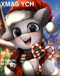 Size: 2550x3209 | Tagged: safe, artist:pridark, oc, oc only, pony, candy, candy cane, christmas, clothes, commission, cute, food, hat, high res, holiday, one ear down, open mouth, pridark is trying to murder us, santa hat, scarf, snow, snowfall, solo, striped scarf, ych example, your character here