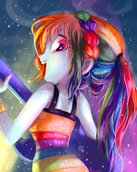 Size: 2400x3000 | Tagged: safe, artist:whitediamonds, rainbow dash, equestria girls, equestria girls specials, g4, my little pony equestria girls: better together, my little pony equestria girls: spring breakdown, bare shoulders, clothes, commissioner:ajnrules, dress, electric guitar, female, guitar, high res, looking at you, looking back, looking back at you, musical instrument, open mouth, ponytail, rain, singing, sleeveless, smiling, smiling at you, solo, wet, wet dress, wet hair