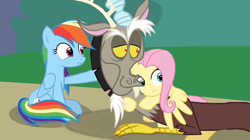 Size: 800x449 | Tagged: safe, artist:reykatan, discord, fluttershy, rainbow dash, pegasus, pony, fanfic:full friendship's magic, g4, the beginning of the end, fimfiction, fimfiction.net link, implied bill cipher, youtube link