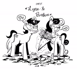 Size: 2048x1904 | Tagged: safe, artist:maddzroks, bon bon, lyra heartstrings, sweetie drops, earth pony, pony, unicorn, g4, black and white, duo, female, flower, grayscale, jewelry, lesbian, married couple, monochrome, ring, ship:lyrabon, shipping, simple background, wedding ring, white background
