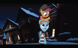 Size: 3600x2250 | Tagged: safe, artist:prixy05, edit, edited screencap, screencap, rainbow dash, scootaloo, snowdash, pegasus, pony, g4, a christmas carol, bowtie, clothes, duo, duo female, female, filly, foal, heartwarming, high res, mare, rainbow dash always dresses in style, riding, scarf, shirt, the muppet christmas carol, tiny tim, waistcoat