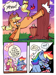 Size: 1530x2048 | Tagged: safe, artist:maddzroks, applejack, fluttershy, rainbow dash, earth pony, pegasus, pony, unicorn, g4, apple, applebucking, applejack mid tree-buck facing the left with 3 apples falling down, applejack mid tree-buck with 3 apples falling down, bucking, chinese finger trap, comic, falling, female, finger trap, food, grossed out, implied appleshy, implied lesbian, implied shipping, innuendo, lesbian, mare, shipping, speech bubble, trio