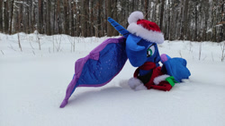 Size: 1192x670 | Tagged: safe, artist:mgrdash, princess luna, alicorn, pony, g4, clothes, endangering plushies, irl, photo, plushie, ponies in real life, snow, solo, winter outfit