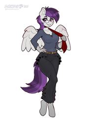 Size: 2634x3408 | Tagged: safe, artist:dandy, oc, oc only, oc:ardyn valentine, pegasus, anthro, unguligrade anthro, belt, breasts, clothes, commission, ear fluff, female, frills, glasses, hand on hip, high res, long pants, looking at you, pegasus oc, shirt, simple background, smiling, smiling at you, solo, spread wings, white background, wings