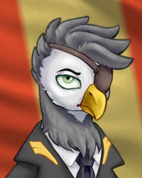 Size: 1024x1280 | Tagged: safe, artist:mr.catfish, oc, oc only, oc:schnabel sunglider, griffon, eaw redux, equestria at war mod, bust, clothes, eyebrows, eyepatch, gray coat, green eyes, looking at you, male, necktie, portrait, shirt, simple background, solo
