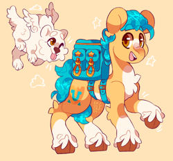 Size: 2048x1901 | Tagged: safe, artist:cocopudu, cloudpuff, hitch trailblazer, dog, earth pony, flying pomeranian, pomeranian, pony, g5, bag, chest fluff, cute, happy, hitchbetes, male, open mouth, open smile, raised hoof, saddle bag, simple background, smiling, stallion, tongue out, unshorn fetlocks, winged dog, wings, yellow background