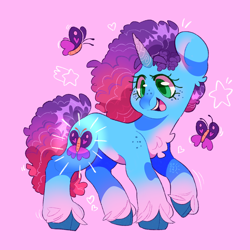 Size: 2048x2048 | Tagged: safe, artist:cocopudu, misty brightdawn, butterfly, pony, unicorn, g5, chest fluff, cute, cutiespark, female, freckles, happy, high res, mare, mistybetes, pink background, rebirth misty, simple background, smiling, solo, unshorn fetlocks