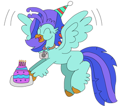 Size: 2514x2197 | Tagged: safe, artist:supahdonarudo, oc, oc only, oc:sea lilly, classical hippogriff, hippogriff, birthday, birthday cake, cake, camera, candle, eyes closed, female, flying, food, happy, hat, high res, holding, jewelry, necklace, open mouth, open smile, party hat, simple background, smiling, transparent background