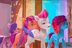 Size: 1634x1082 | Tagged: safe, screencap, misty brightdawn, pipp petals, sunny starscout, zipp storm, earth pony, pegasus, pony, unicorn, g5, my little pony: make your mark, my little pony: make your mark chapter 6, roots of all evil, spoiler:g5, spoiler:my little pony: make your mark, spoiler:my little pony: make your mark chapter 6, spoiler:mymc06e02, adorapipp, adorazipp, animated, crystal brighthouse, cute, female, gif, mane stripe sunny, mare, mistybetes, oh no, rebirth misty, shocked, shocked expression, sudden realization, sunnybetes, surprised, turned head, uh oh, worried, zoomed in