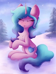 Size: 1550x2048 | Tagged: safe, artist:gaffy, izzy moonbow, pony, unicorn, g5, cheek fluff, chest fluff, cute, ear fluff, eyebrows, eyebrows visible through hair, eyes closed, female, horn, izzybetes, mare, sitting, snow, snowflake, solo, tongue out, tree, winter