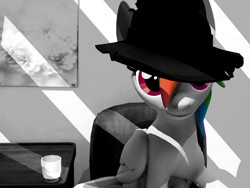 Size: 2579x1944 | Tagged: safe, artist:xafilah, rainbow dash, pegasus, pony, g4, 3d, black and white, glass, gmod, grayscale, looking at you, monochrome, noir, sitting, solo