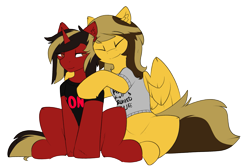 Size: 2053x1382 | Tagged: safe, artist:beardie, pegasus, pony, unicorn, alex gaskarth, all time low, clothes, commission, duo, duo male, dyed mane, dyed tail, eyes closed, gay, happy, horn, hug, jack barakat, male, partially open wings, ponified, shipping, shirt, simple background, sitting, smiling, stallion, t-shirt, tail, transparent background, wings