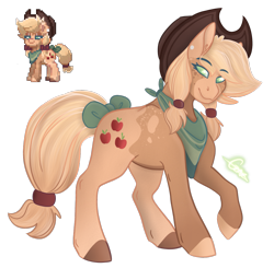 Size: 1653x1617 | Tagged: safe, artist:trashpanda czar, applejack, earth pony, pony, pony town, g4, alternate design, applejack's hat, bandana, blaze (coat marking), bow, coat markings, colored hooves, cowboy hat, ear piercing, earring, facial markings, female, freckles, green eyes, hair tie, hat, jewelry, looking at you, mare, mismatched hooves, neckerchief, piercing, pigtails, raised hoof, simple background, solo, standing, tail, tail bow, transparent background