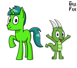 Size: 1400x1226 | Tagged: safe, artist:gradiusfanatic, oc, oc only, oc:alan, oc:alex, dragon, pony, unicorn, 2024 community collab, derpibooru community collaboration, dragon oc, duo, horn, male, non-pony oc, simple background, transparent background