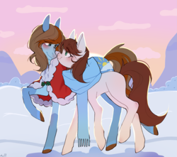 Size: 1985x1751 | Tagged: safe, artist:ruru_01, oc, oc only, oc:kilia, oc:sertpony, earth pony, pony, boop, clothes, coat, commission, complex background, concave belly, dawn, duo, full body, looking at each other, looking at someone, noseboop, scarf, slender, snow, thin, two toned mane, winter, winter outfit