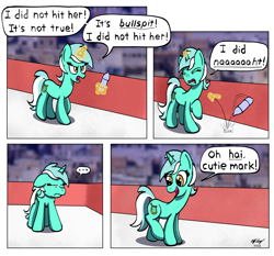 Size: 1500x1400 | Tagged: safe, artist:ebbysharp, lyra heartstrings, pony, unicorn, g4, comic, dialogue, levitation, magic, meme, open mouth, open smile, parody, smiling, solo, telekinesis, the room, water bottle