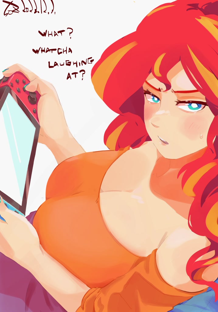 [big breasts,blushing,breasts,cleavage,dialogue,female,g4,human,humanized,looking at you,safe,sweat,sweatdrop,talking to viewer,huge breasts,sunset shimmer,splatoon,bare shoulders,nintendo switch,busty sunset shimmer,artist:sozglitch]