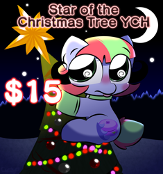 Size: 3200x3400 | Tagged: safe, artist:cushyhoof, oc, oc:cascade throw, earth pony, pony, advertisement, christmas, christmas star, christmas tree, clothes, collar, commission, cute, earth pony oc, female, gloves, high res, holiday, mare, night, ocbetes, ornament, solo, tree, wingding eyes, your character here