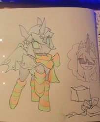 Size: 2687x3292 | Tagged: safe, artist:nmoonly, oc, oc:cyllene, oc:damon, changeling, changeling oc, clothes, green changeling, high res, scarf, socks, striped scarf, striped socks, traditional art